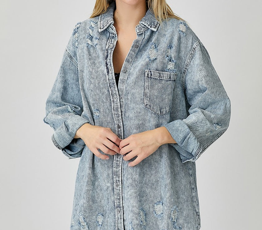 RISEN Distressed Raw Hem Denim Shirt