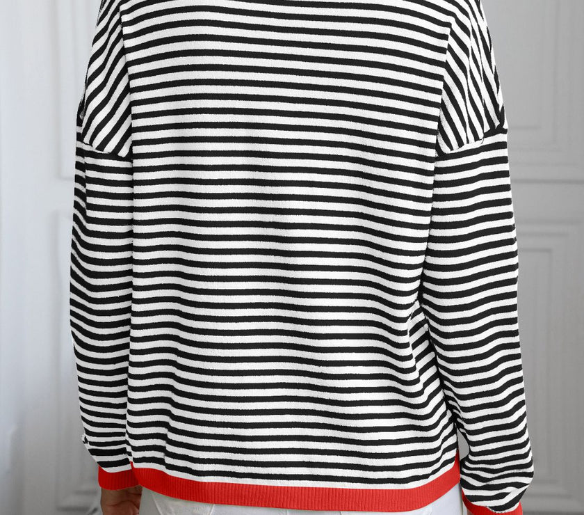 Contrast Trim Striped V-Neck Long Sleeve Knit Top