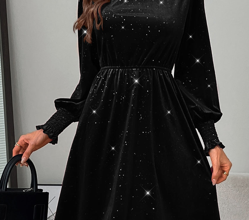 Glitter Mock Neck Long Sleeve Mini Dress