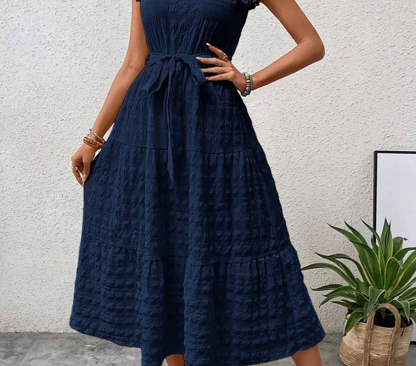 Tied Ruffled Cap Sleeve Midi Dress