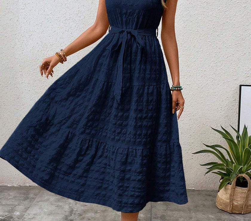 Tied Ruffled Cap Sleeve Midi Dress