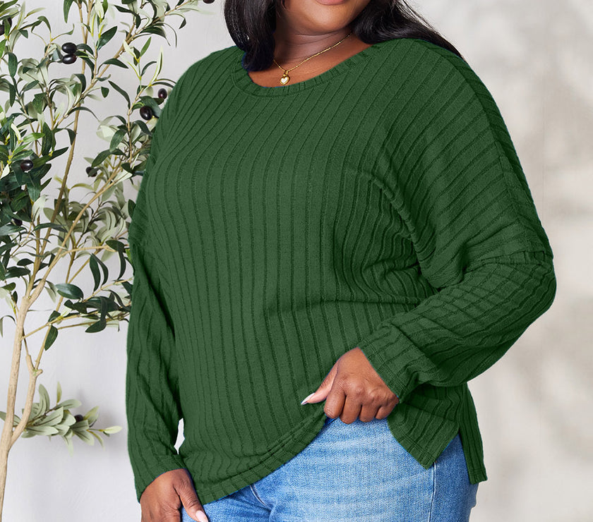 Basic Bae Full Size Ribbed Round Neck Slit Knit Top