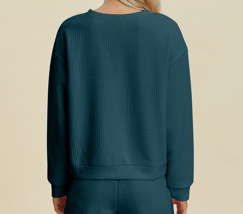 Double Take Full Size Texture Round Neck Long Sleeve Top and Shorts Set