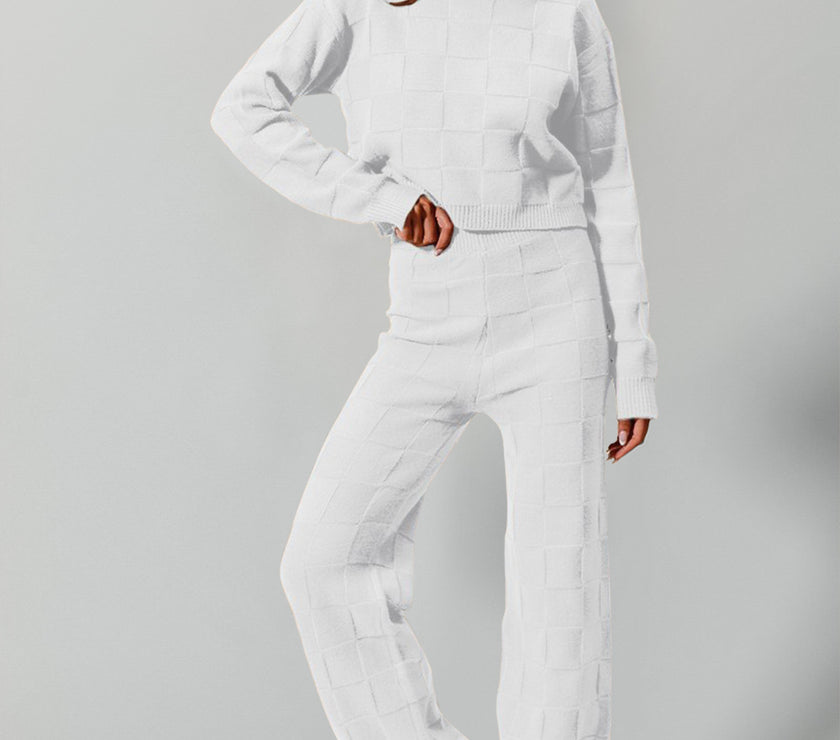 Double Take Full Size Checkered Round Neck Top and Pants Set