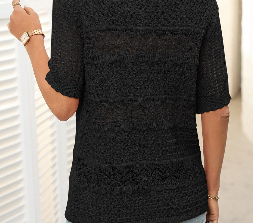 Mandy Openwork Round Neck Half Sleeve Knit Top