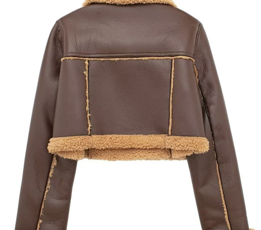 Collared Neck Long Sleeve Plush Cropped Jacket