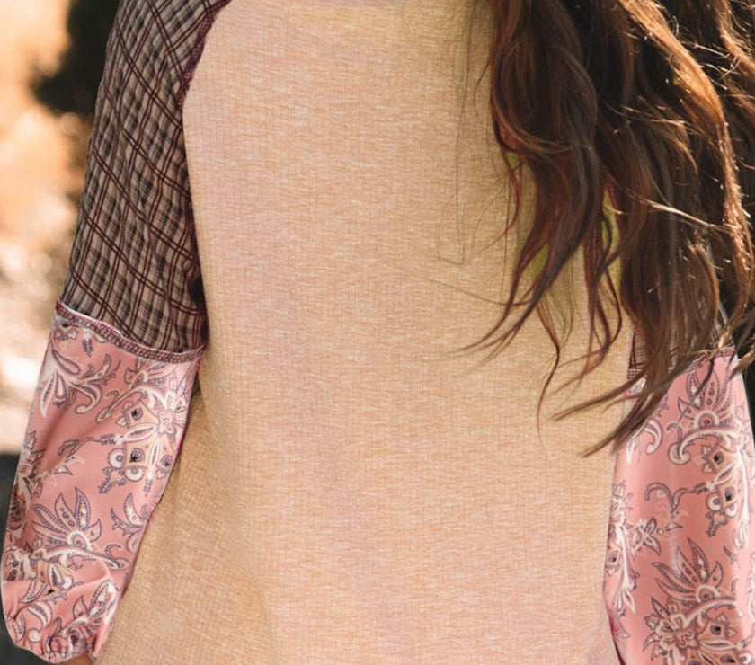 Plaid Floral Patchwork Round Neck Long Sleeve Top