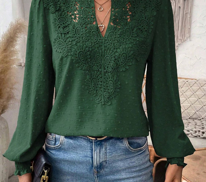 Swiss Dot Lace Detail Notched Long Sleeve Blouse