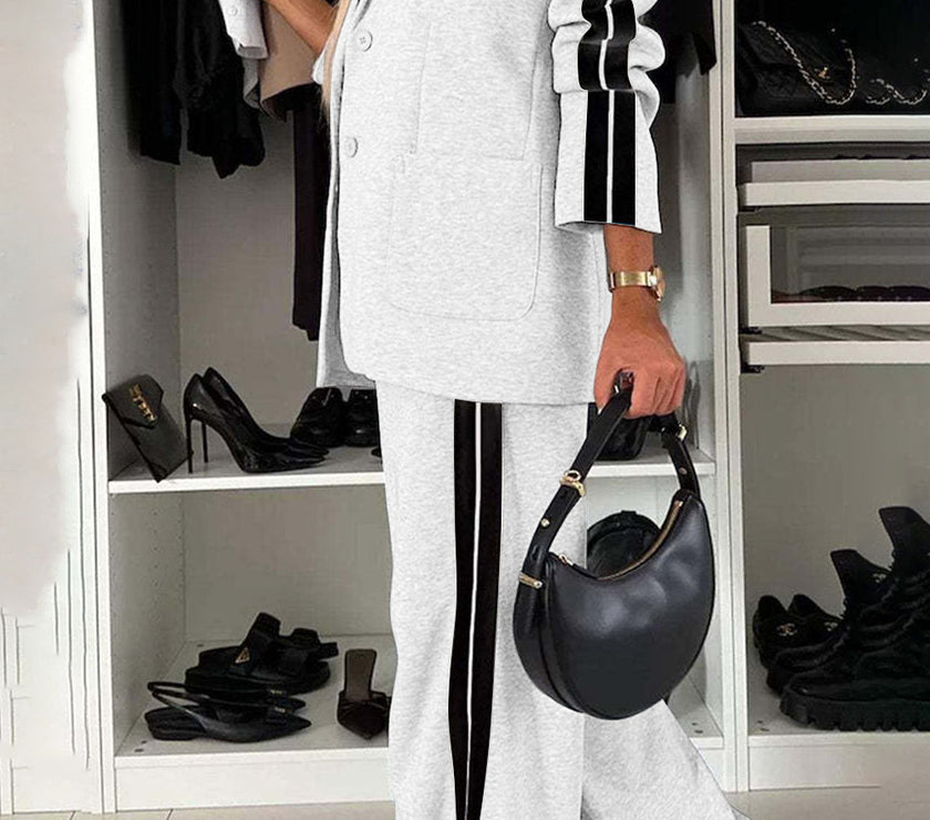 Full Size Contrast Lapel Collar Top and Pants Set
