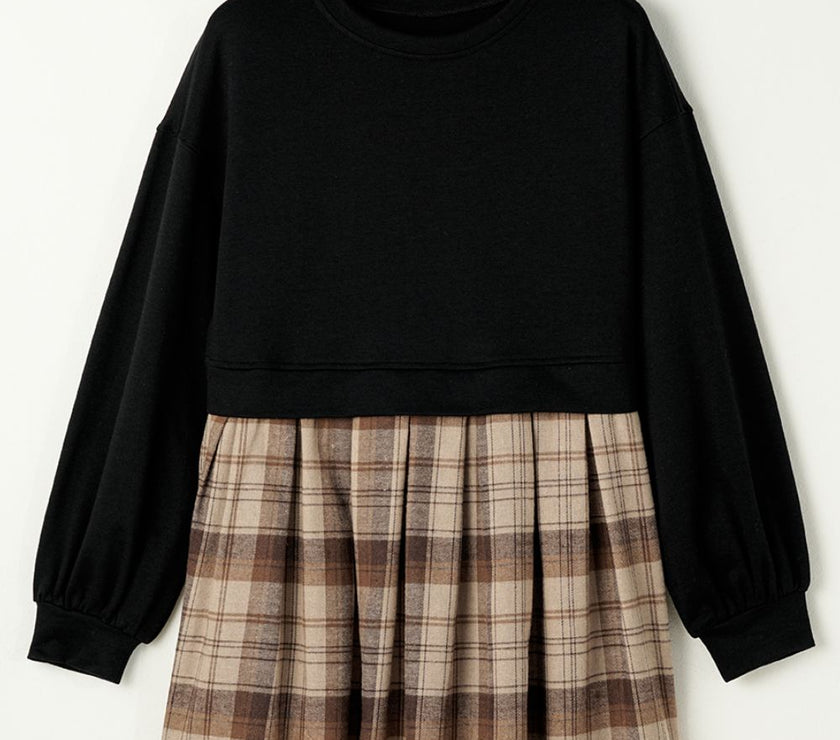 Plaid Round Neck Long Sleeve Mini Dress