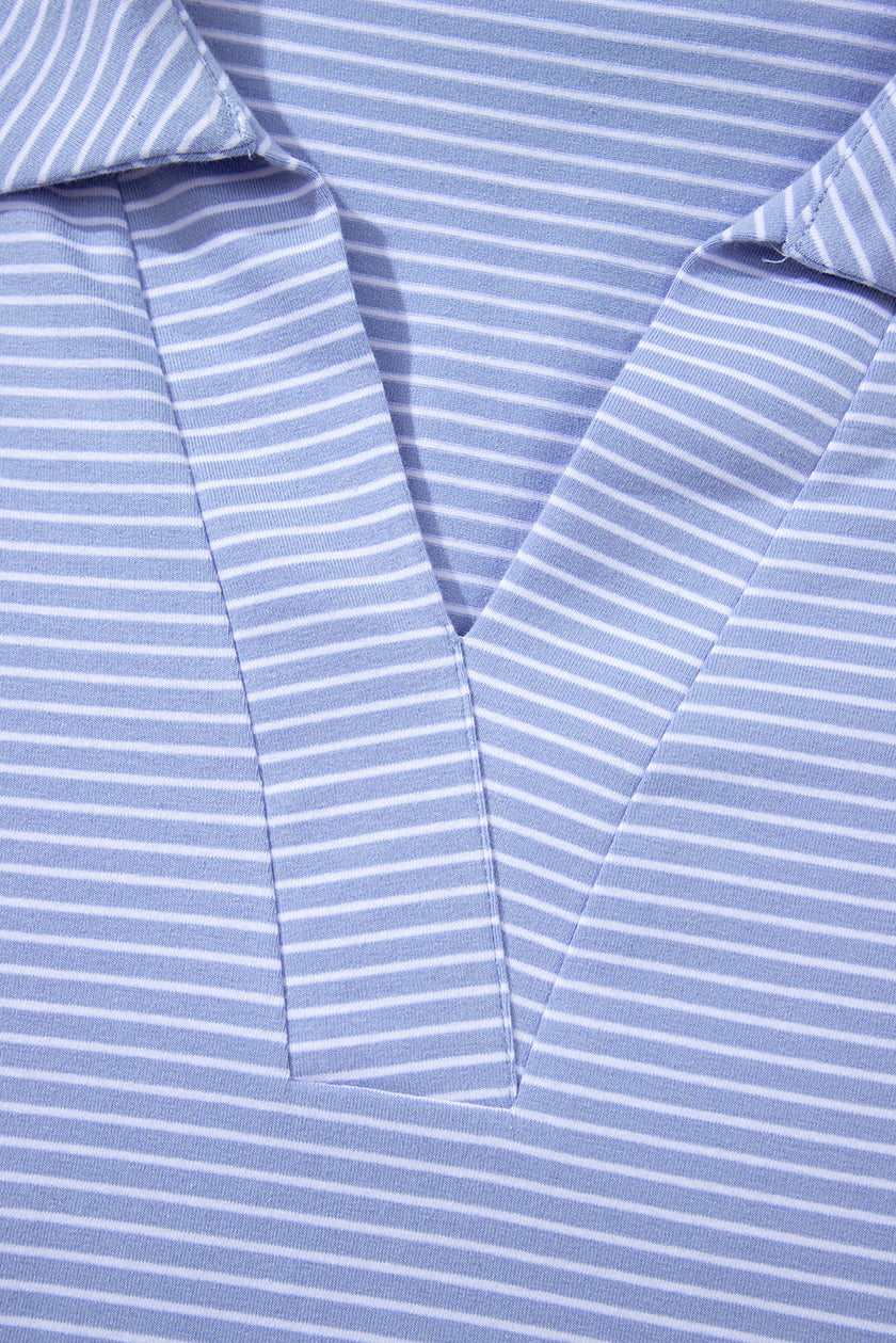 Sky Blue Stripe Dolman Sleeve Polo Shirt and Drawstring Shorts Set