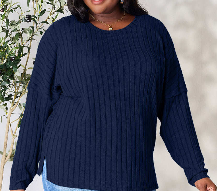 Basic Bae Full Size Ribbed Round Neck Slit Knit Top
