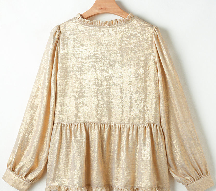 Gold Metallic Frilled V Neck Puff Sleeve Babydoll Blouse