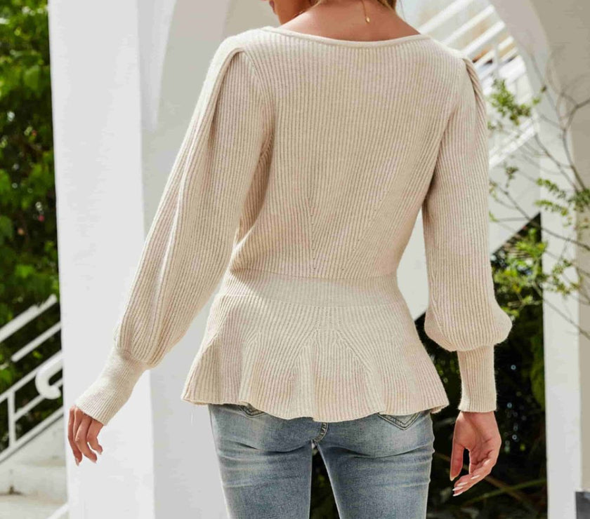 Ribbed Round Neck Lantern Sleeve Sweater
