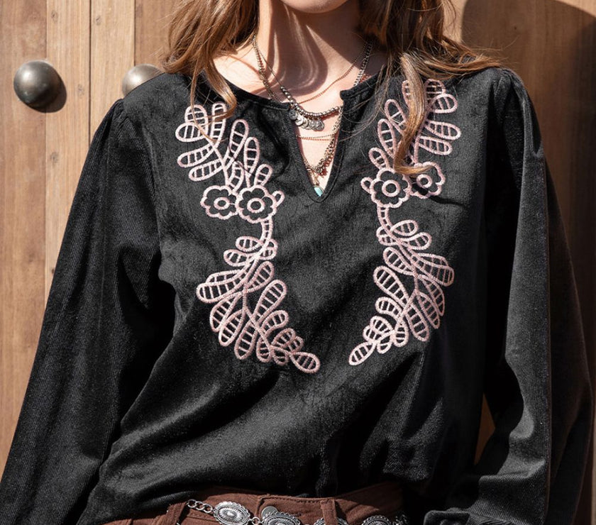 Notched Neck Long Sleeve Blouse