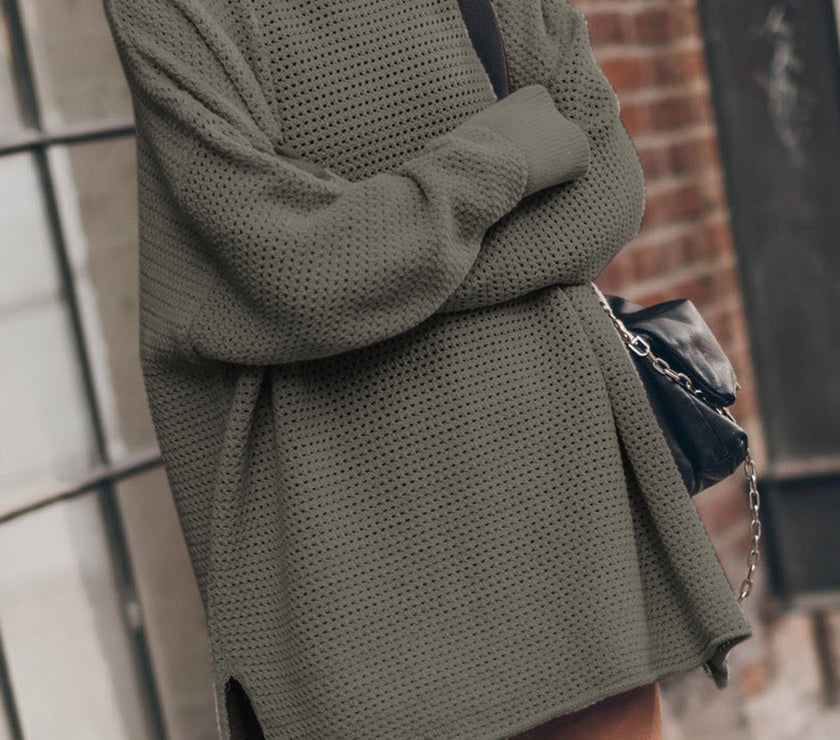 Openwork Round Neck Long Sleeve Slit Sweater