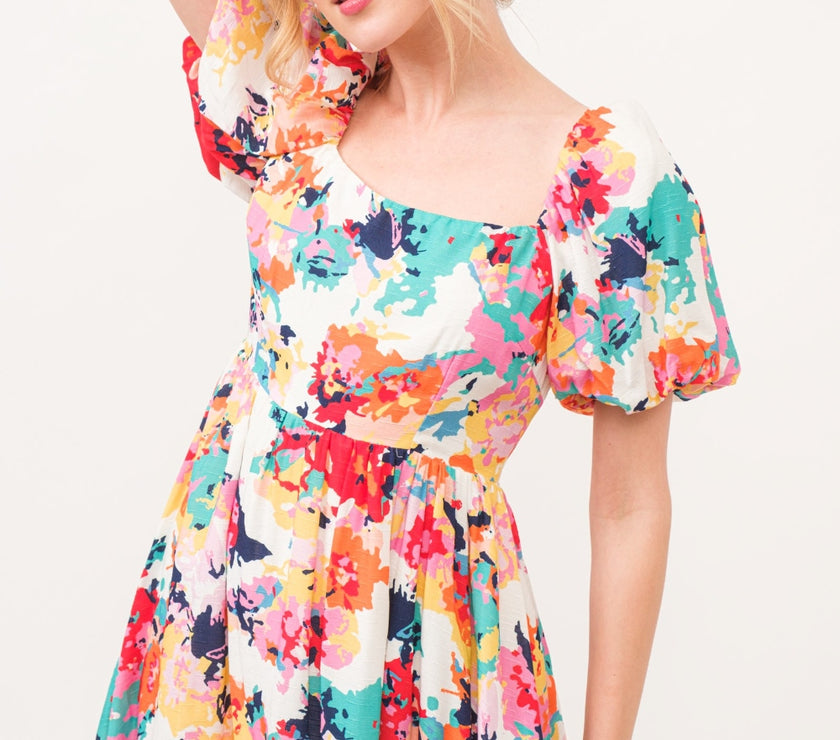 And The Why Square Neck Puff Sleeve Floral Dress
