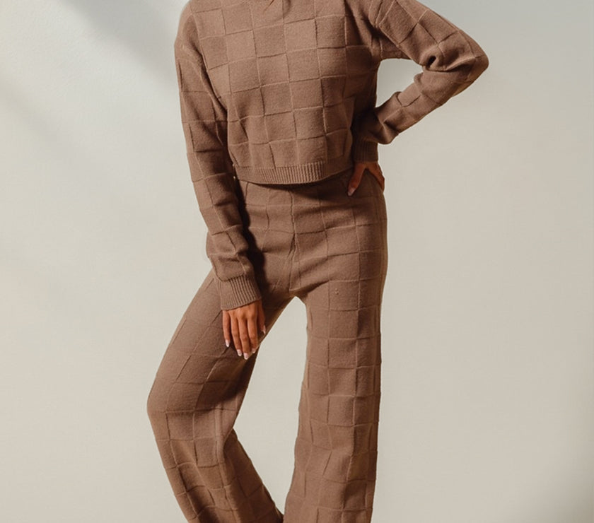 Double Take Full Size Checkered Round Neck Top and Pants Set