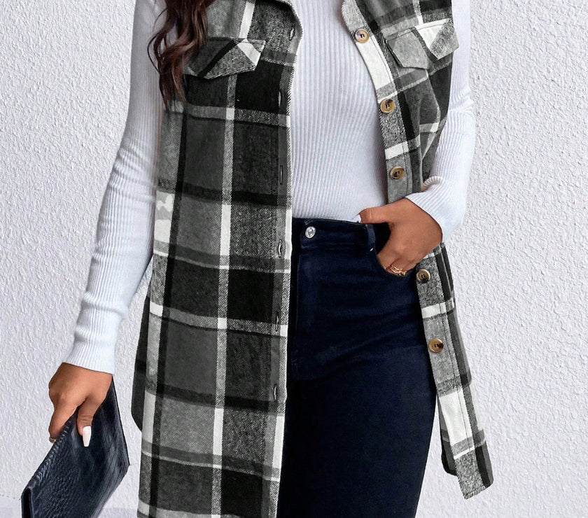 Honey Plus Size Pocketed Plaid Button Up Vest Coat