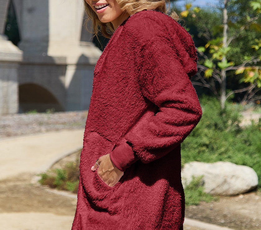 Double Take Full Size Hooded Teddy Bear Jacket with Thumbholes