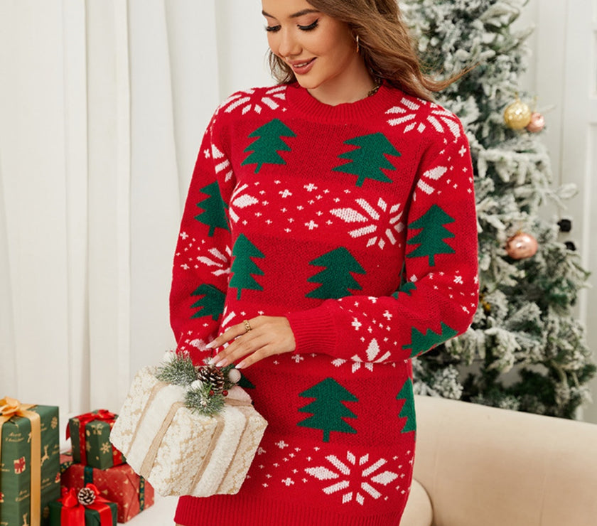 Christmas Tree Round Neck Sweater Dress