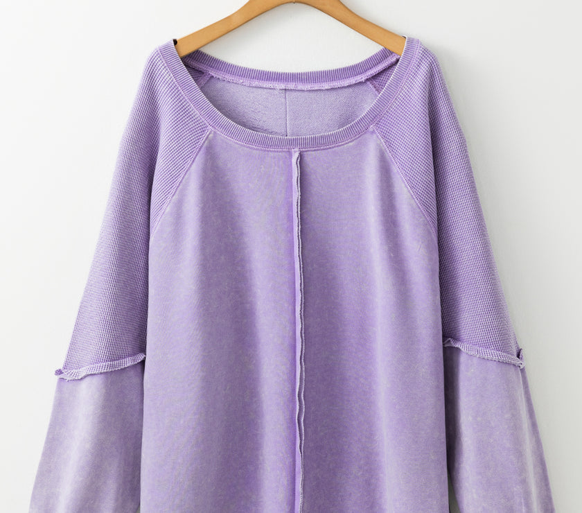 Orchid Petal Textured Patchwork Frilled Trim Plus Size Pullover Sweatshirt