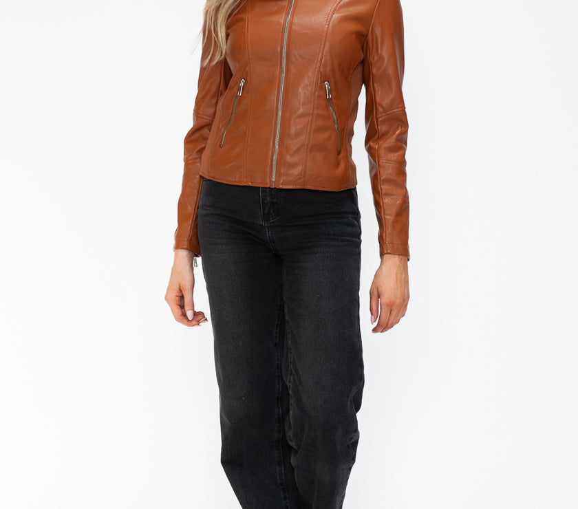 Snobbish Faux Leather Zip Up Drawstring Hooded Jacket