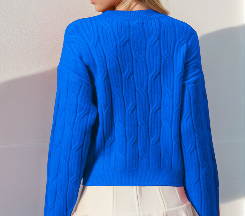 Double Take Full Size Bow Cable-Knit Round Neck Sweater