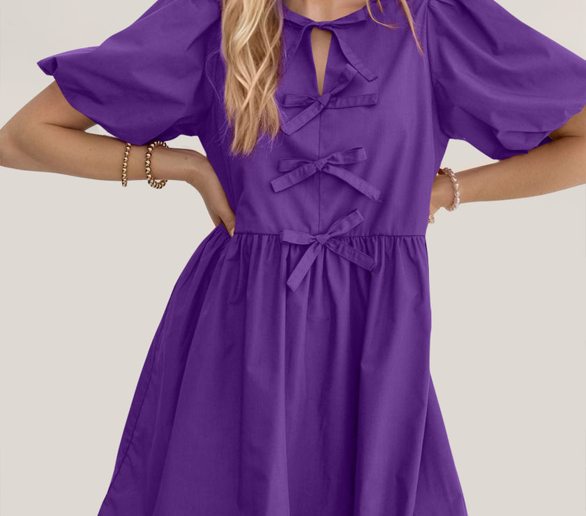 Oh Bow Ruched Puff Sleeve Mini Dress