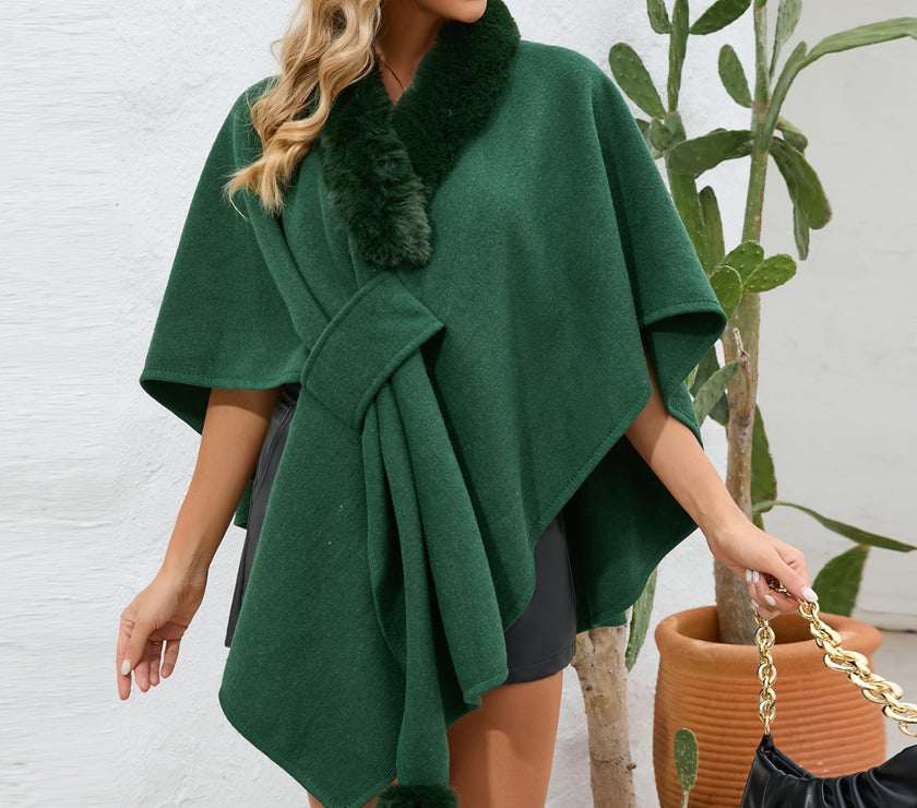 Fuzzy Trim Open Front Poncho