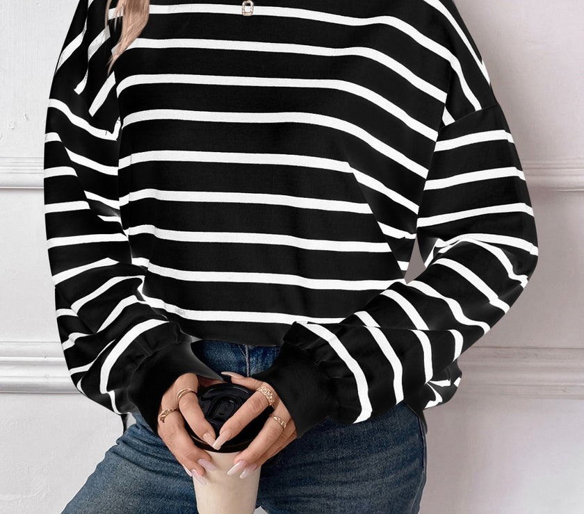 Lovelet Striped Round Neck Long Sleeve Sweatshirt