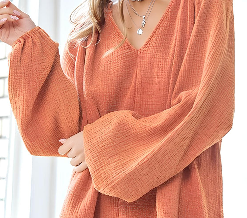 Frill V-Neck Balloon Sleeve Blouse