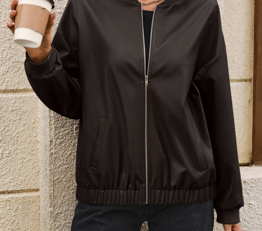 Ivy Lane Zip Up Baseball Collar Dropped Shoulder Jacket