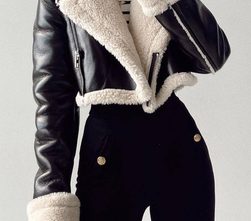 Collared Neck Long Sleeve Plush Cropped Jacket
