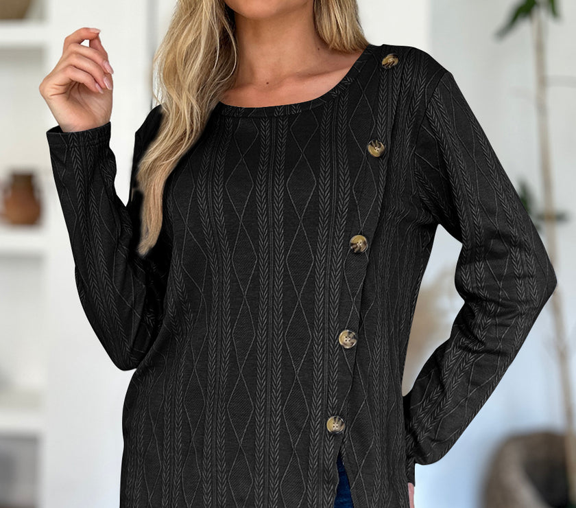 FAM-FAM Slit Round Neck Long Sleeve T-Shirt