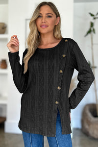 FAM-FAM Slit Round Neck Long Sleeve T-Shirt