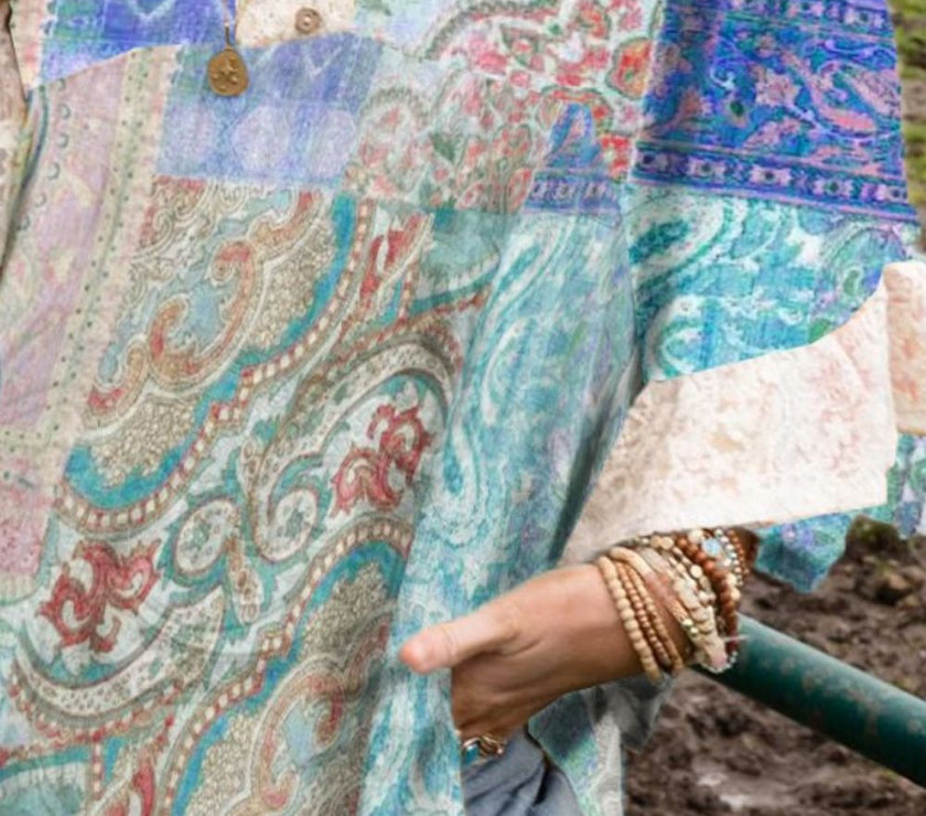 Lace Detail Patchwork Notched Three-Quarter Sleeve Blouse