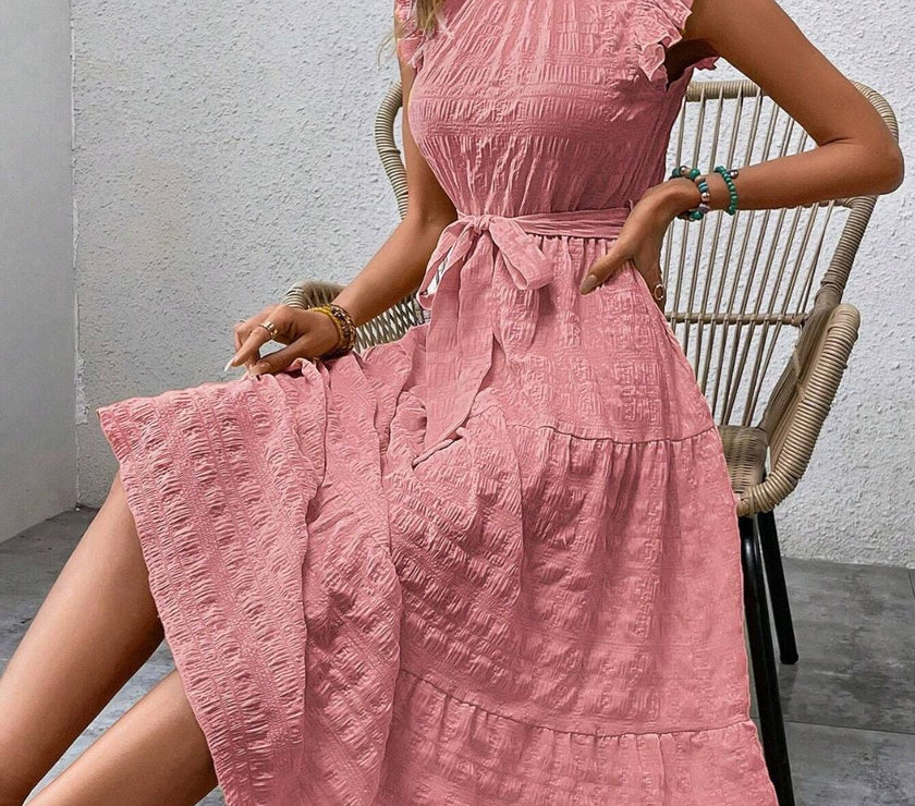 Tied Ruffled Cap Sleeve Midi Dress