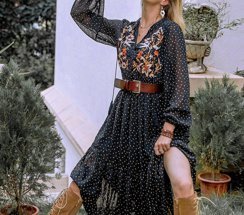 Embroidered Polka Dot Tie Neck Long Sleeve Midi Dress