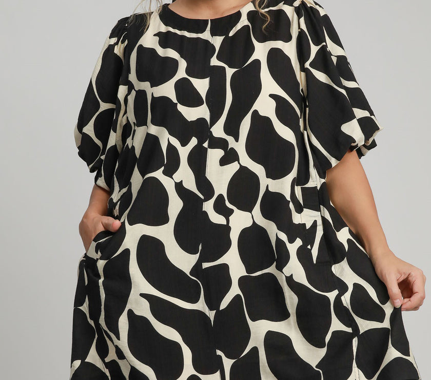 Umgee Full Size Two Tone Abstract Print Puff Sleeve Dress Plus Size