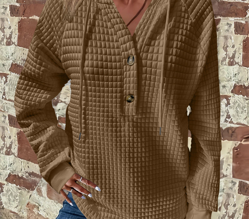 Full Size Texture Button Detail Drawstring Long Sleeve Hoodie