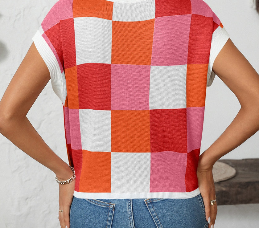 Mandy Checkered Round Neck Cap Sleeve Knit Top