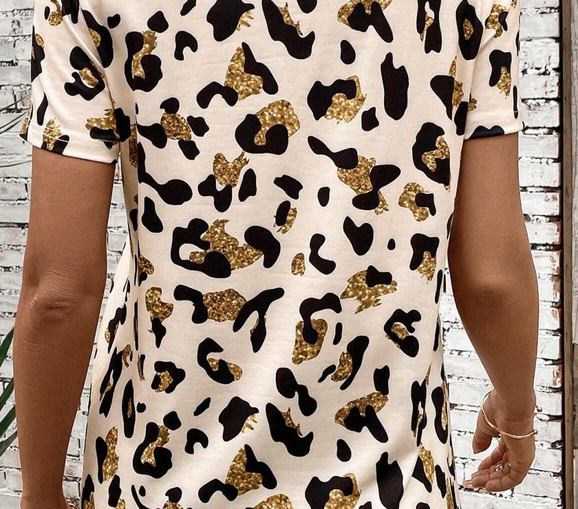 Apricot Leopard Print Round Neck Casual T Shirt