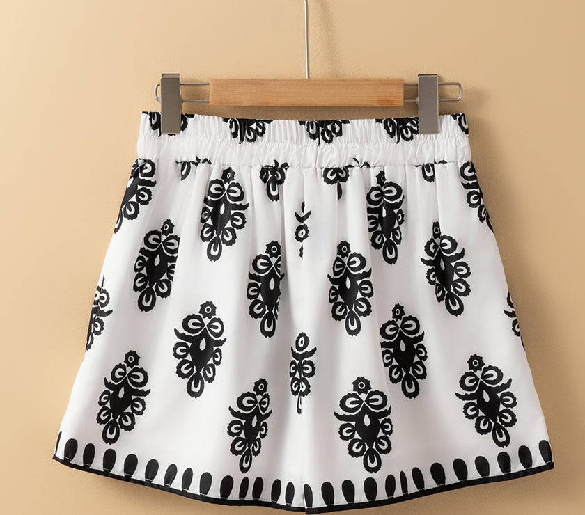 Black Tribal Geometric Print Belted High Waist Casual Shorts