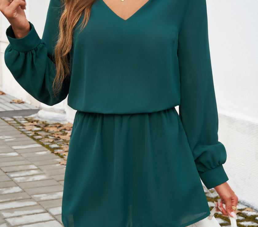 Devine Cutout V-Neck Long Sleeve Mini Dress