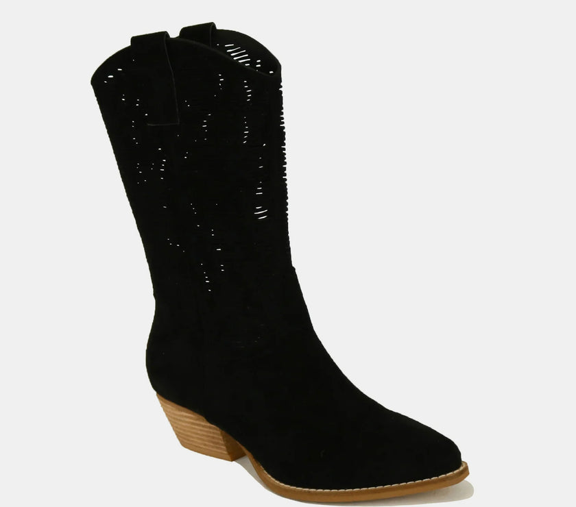 Beast Fashion Faux Suede Laser Cut Detail Block Heel Boots