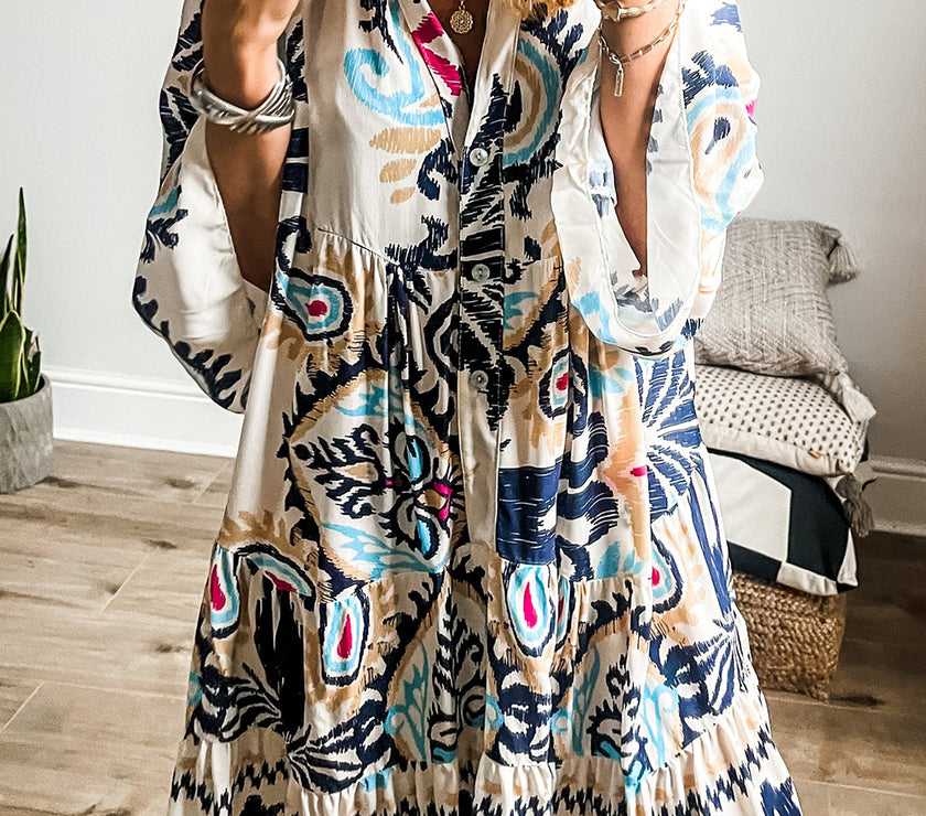 White Printed Tribal Bracelet Sleeve Buttoned Mini Dress