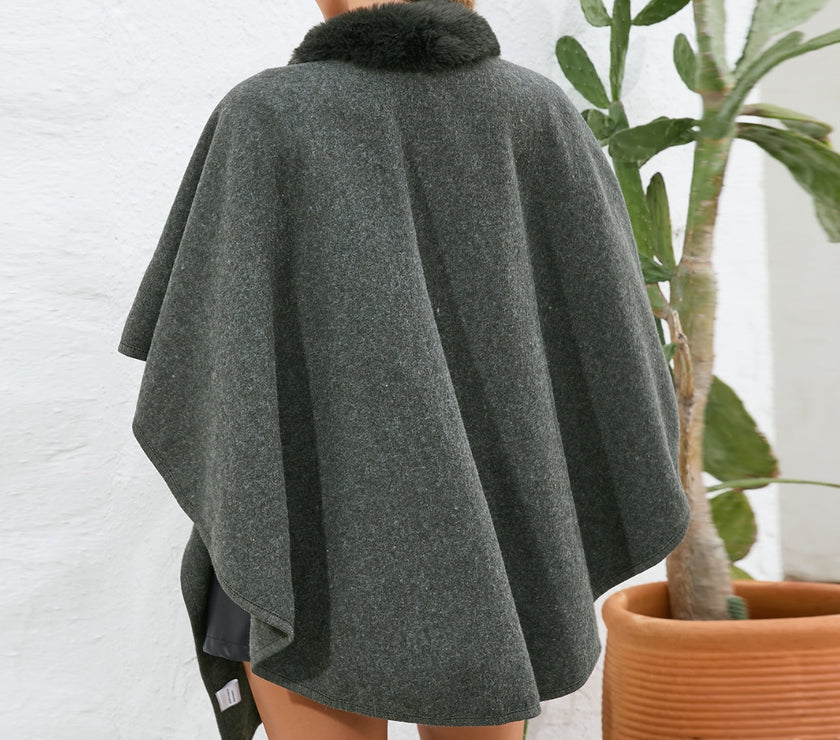 Fuzzy Trim Open Front Poncho