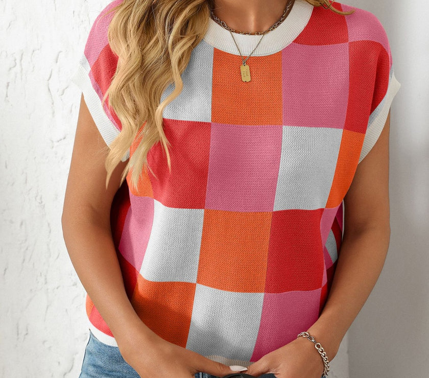 Mandy Checkered Round Neck Cap Sleeve Knit Top