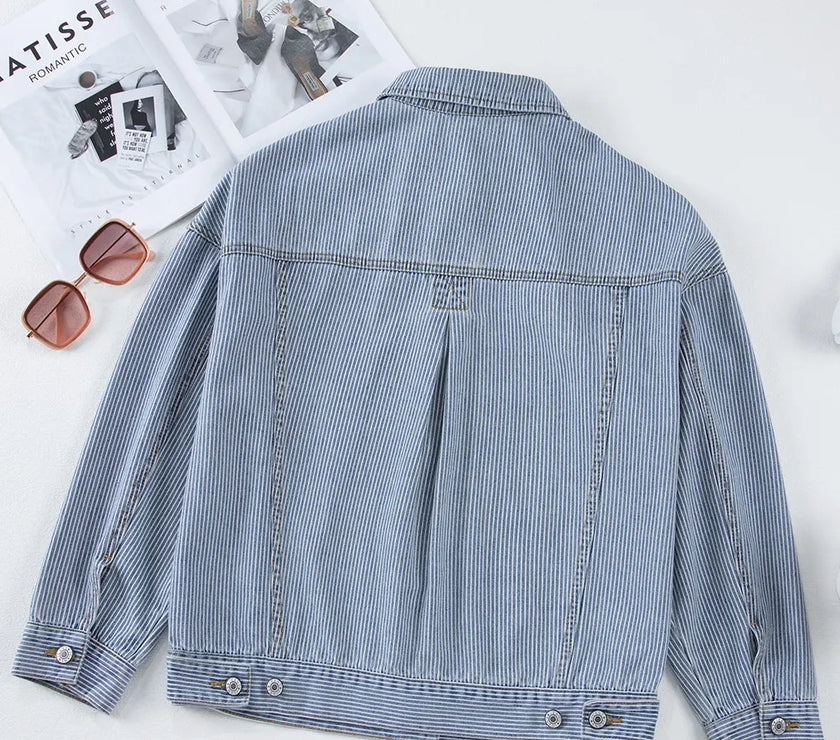 Striped Button Up Long Sleeve Denim Jacket